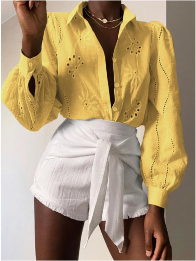 Women's Lace Trim Long Sleeve Button Down Shirt