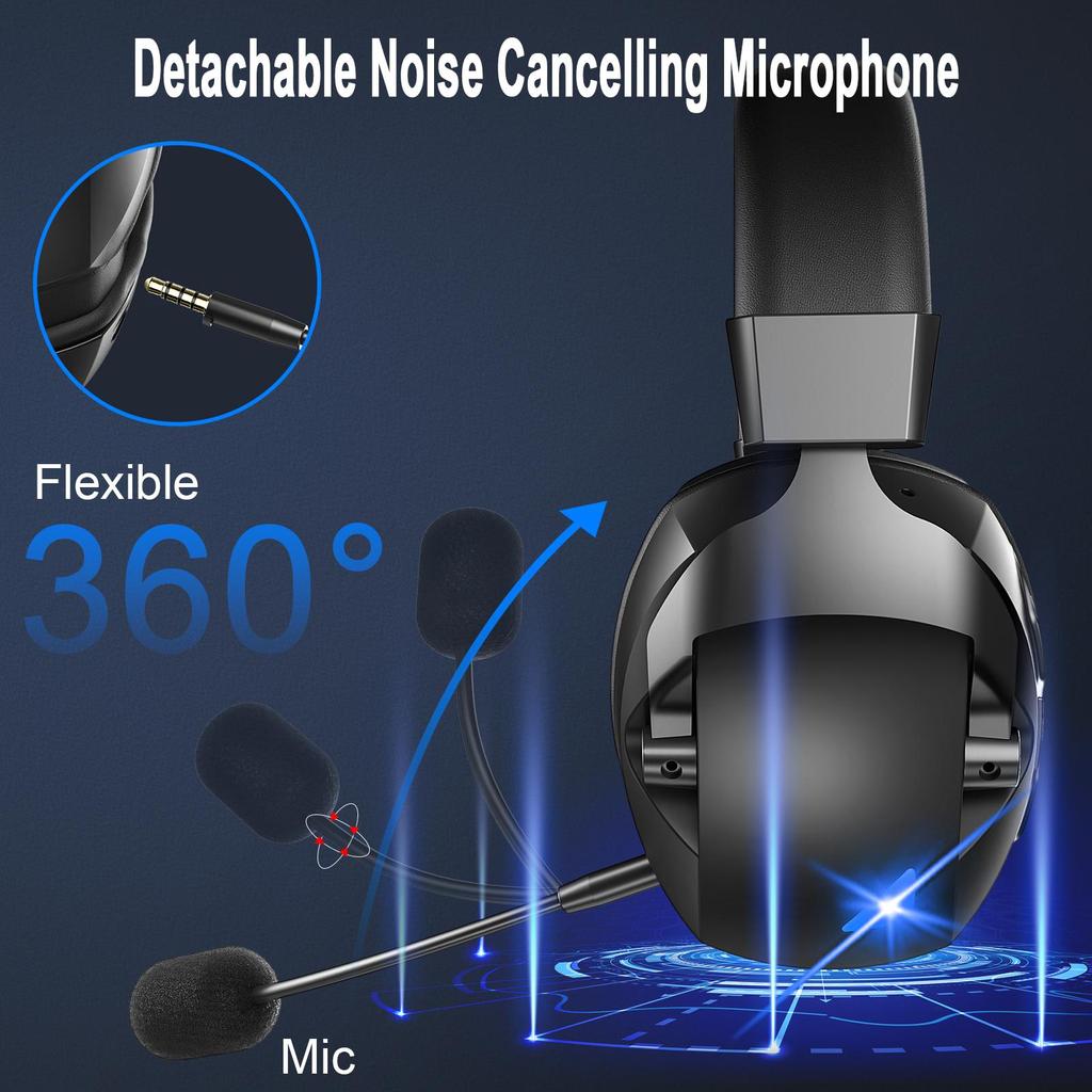 2.4G Wireless Gaming Headset Bluetooth Headphones with Detachable Noise‑cancelling Mic 50mm Driver LED Light for PC PS4 PS5