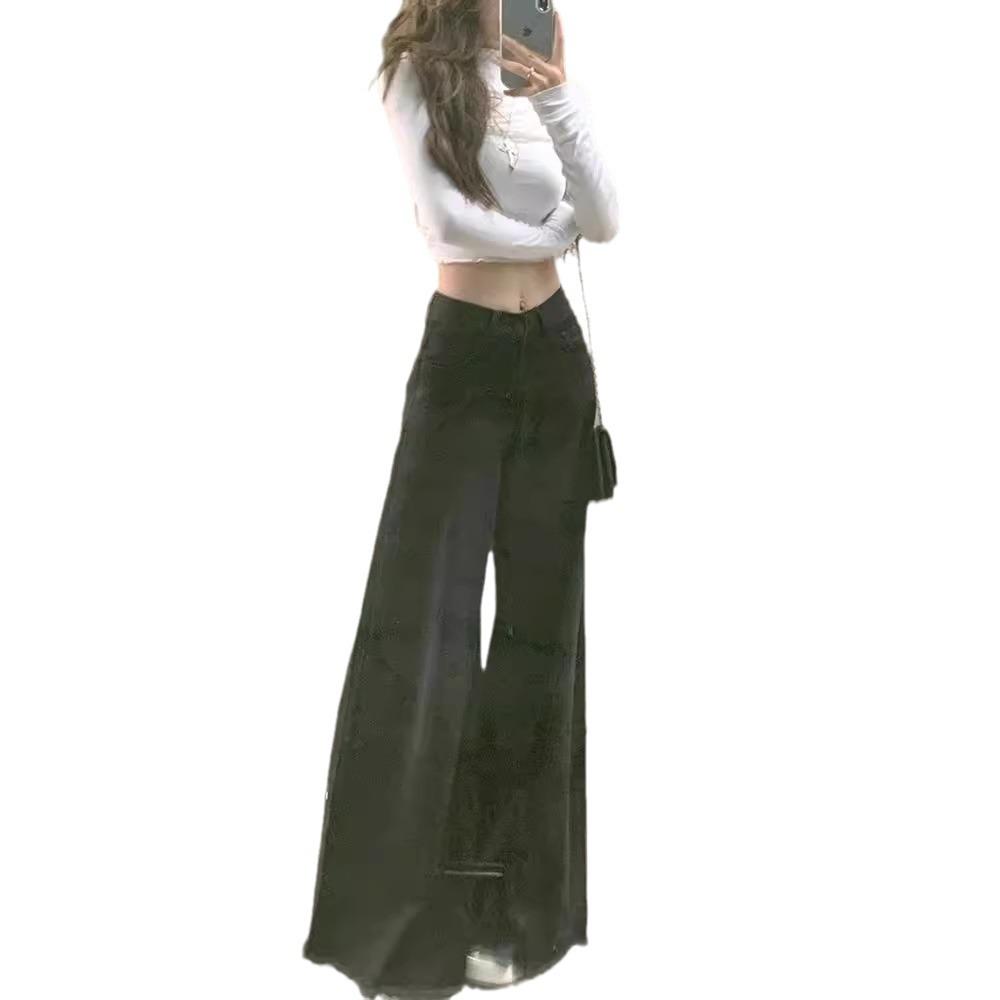 Women's Retro High Waist Wide Leg Black Jeans - Summer Loose, Slimming, Drapey, Frayed Hem, Floor Length.