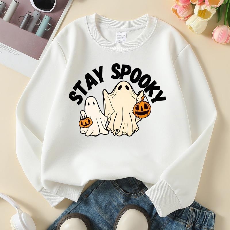Kids Fall Winter Crew Neck Sweatshirt, Stay Spooky Ghosts Pumpkins Halloween Print