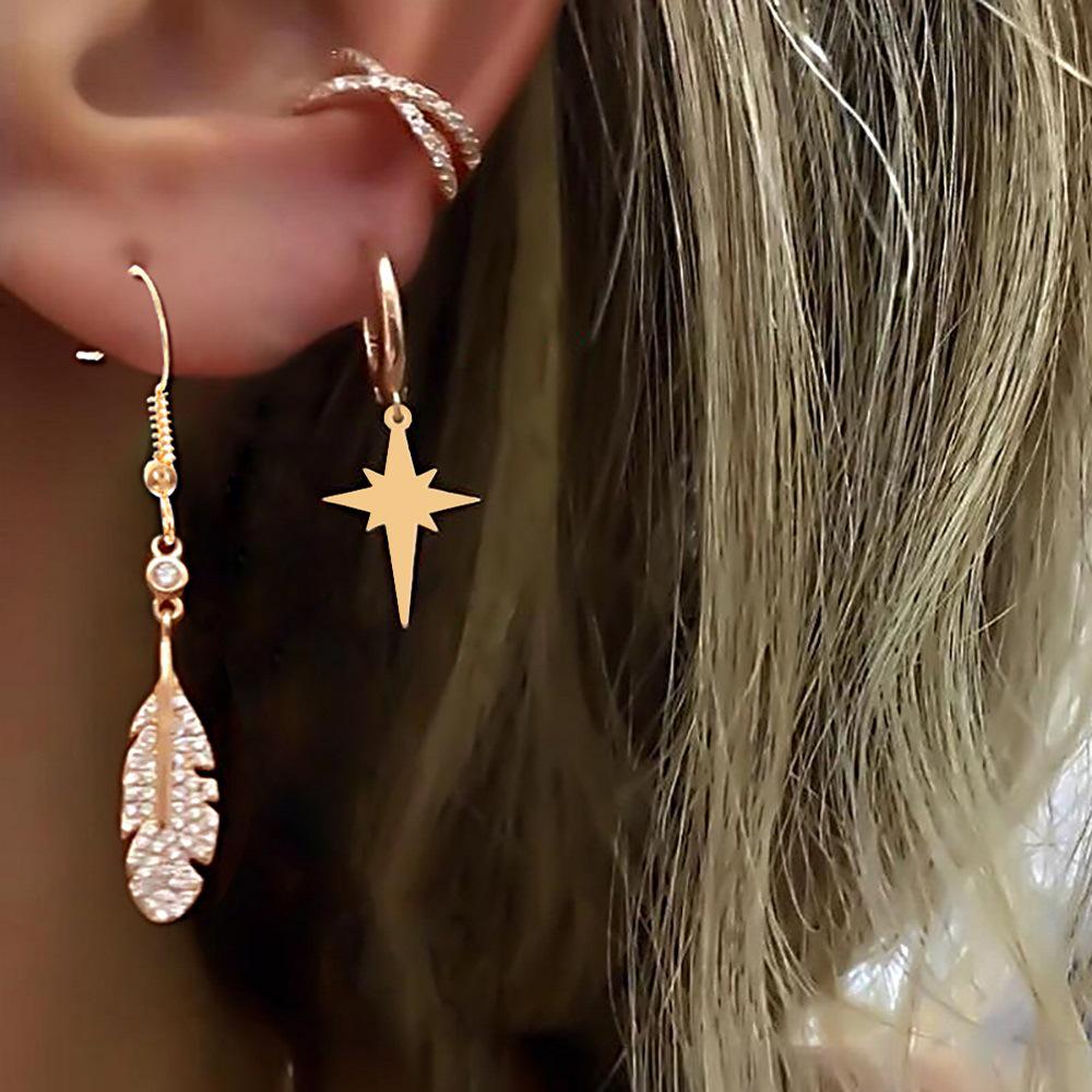 3-Piece Crystal Star Feather Earrings Women'S Gold Fashion Bohemian Earrings Jewelry Gift