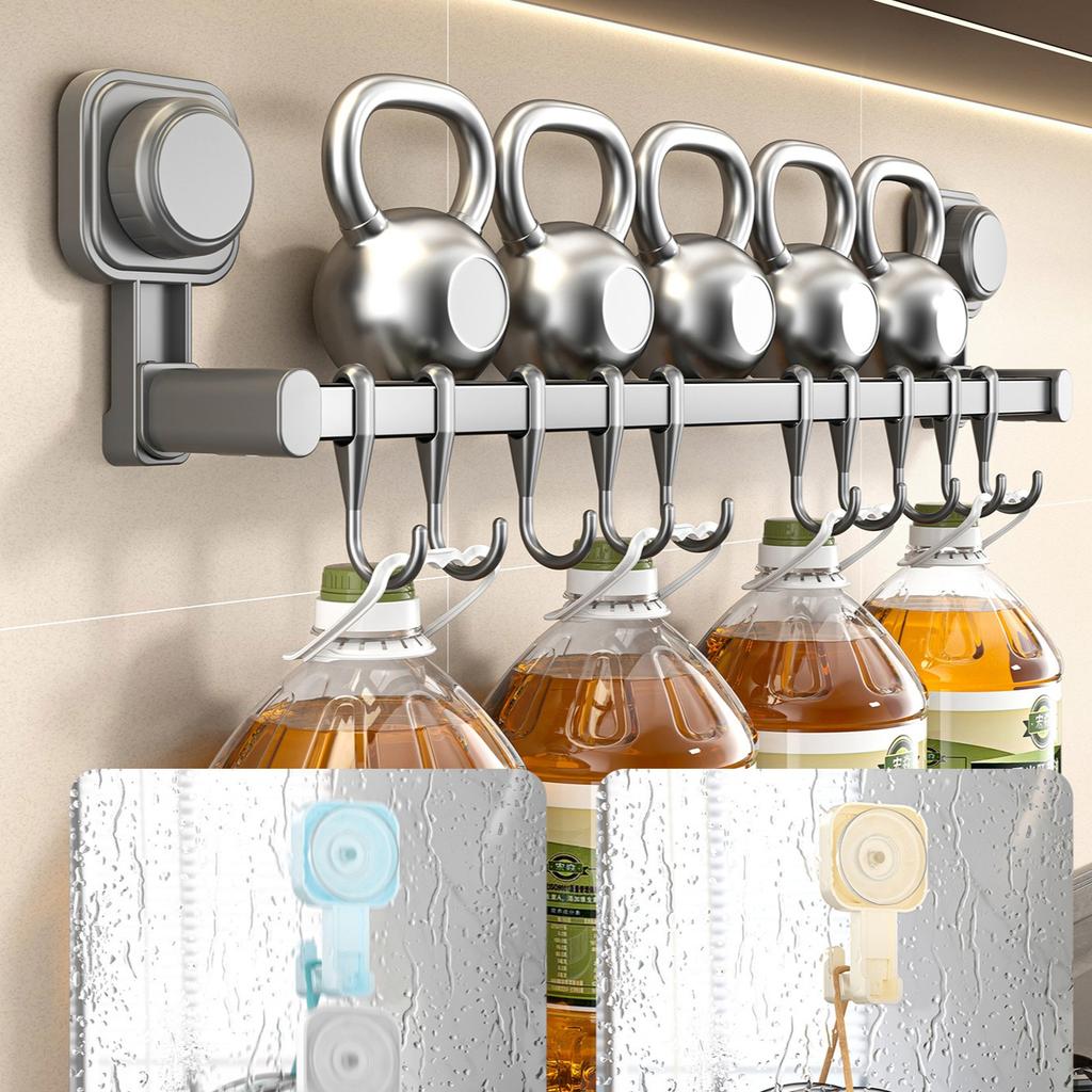 Suction Cup Kitchen Hook Rack No Drilling Storage Rack with Hooks for Pots, Pans, Spoons, Knives Wall-mounted Storage for Items