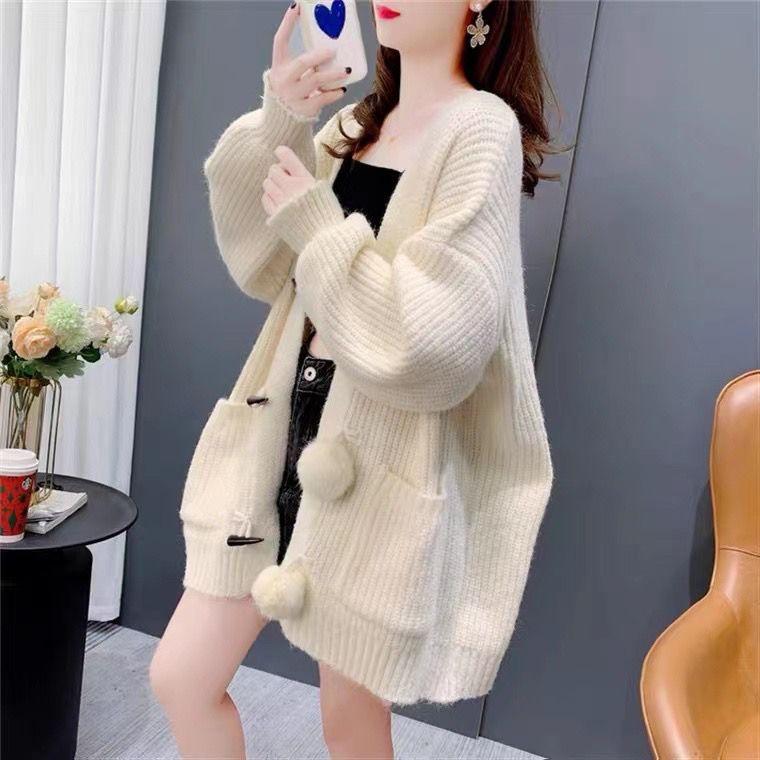 

Осенне-зимнее пальто, новый шерстяной шариковый свитер, женский кардиган средней длины, свободное и ленивое, утолщенное вязаное пальто, женское One Size бежевый