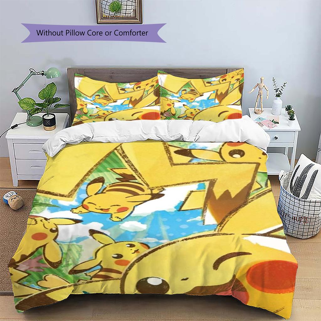 Pikachu Patterned Pillowcase & Duvet Cover Set Anime Cartoon Themed Bedding for Bedroom Perfect Gift for Anime Enthusiasts.-TING