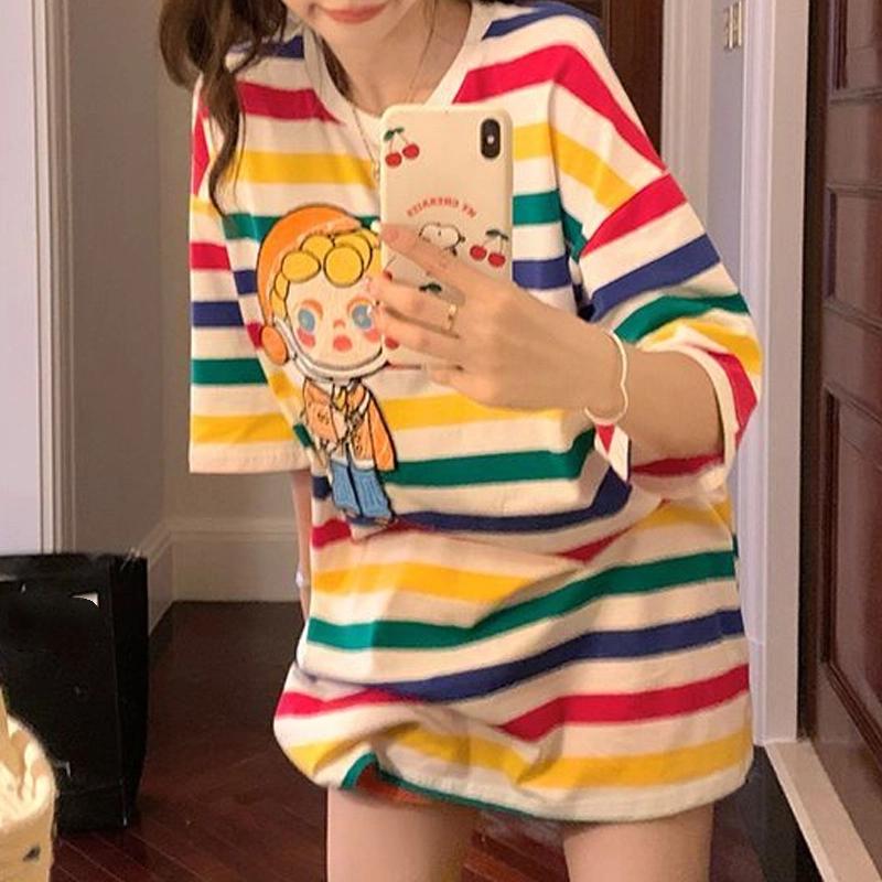 Sommerlich Verspieltes Regenbogenstreifen Cartoon Dreidimensionale Dekoration Locker Lässig Rundhals Kurzarm Oversize T-Shirt