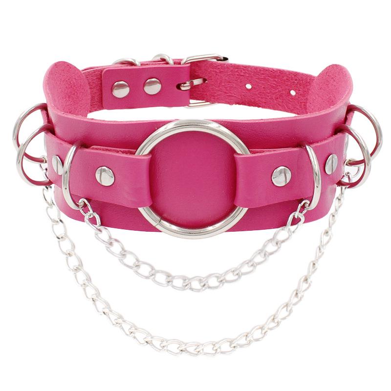 Punk dobbeltlags lær O-ring kjede choker halskjede - Europeisk og amerikansk street style metalldesign med sirkel.