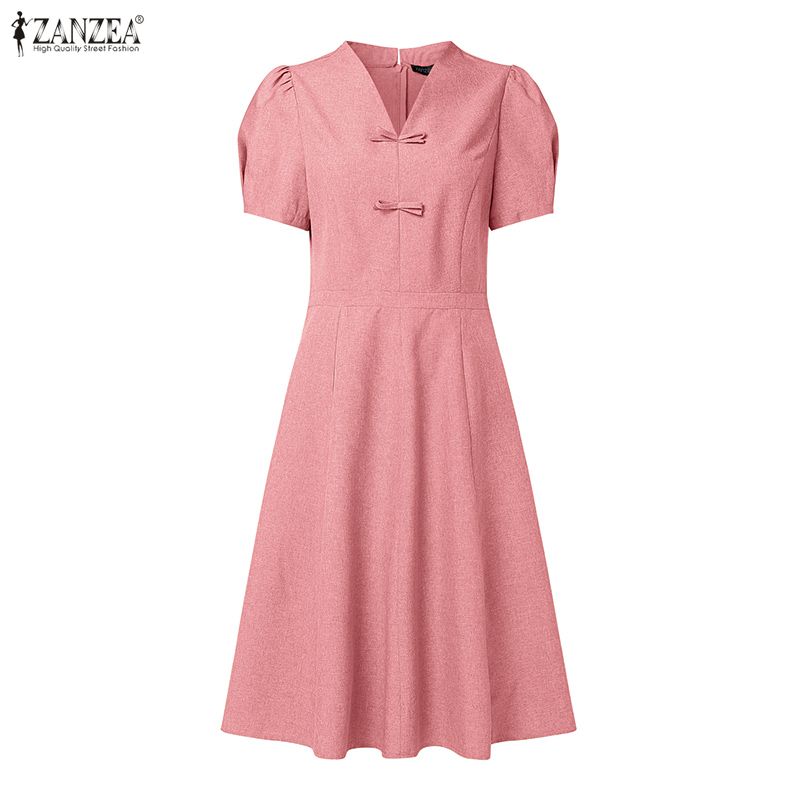 ZANZEA Women Elegant Casual V-Neck Short Sleeve A-line Dress