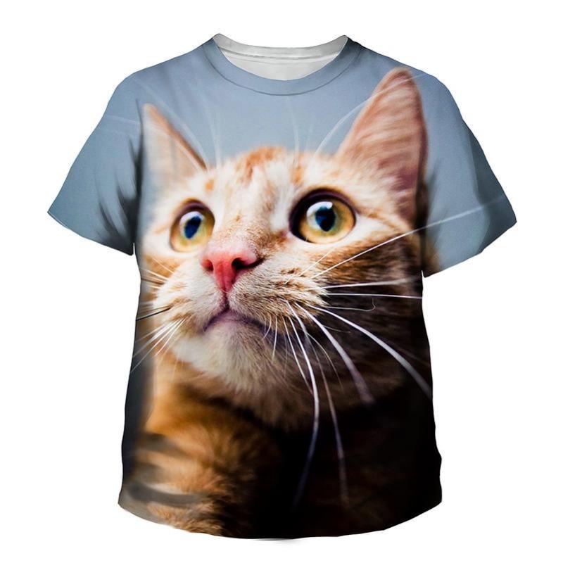 Summer Round Neck 3D Printed Cute Cat Pattern Top Fashionable Casual Short Sleeved Children's Boy and Girl Kids Unisex T-shirts