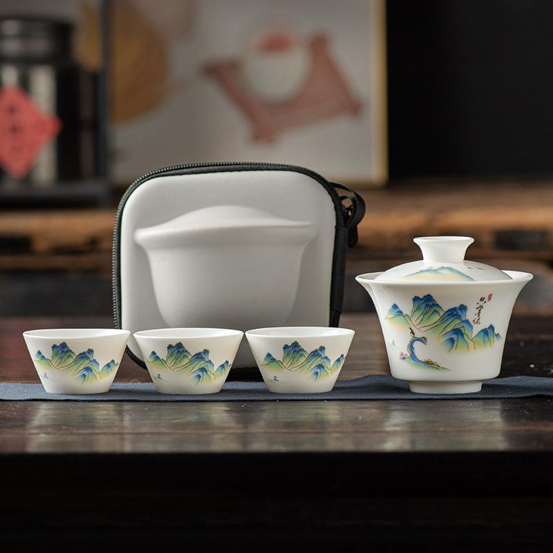 Travel Tea Set, Bowl Lid, Gaiwan,Tea Cup, Outdoor Kung Fu Tea Set, Portable Kuaike Cup, Sheep Fat Jade White Porcelain Gift