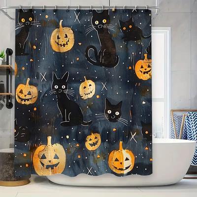 Spooky Halloween Bath CurtainBlack Cats Jack-O'-Lanterns Printed Shower Curtain Waterproof Decor for Your Bathtub In Navy Blue