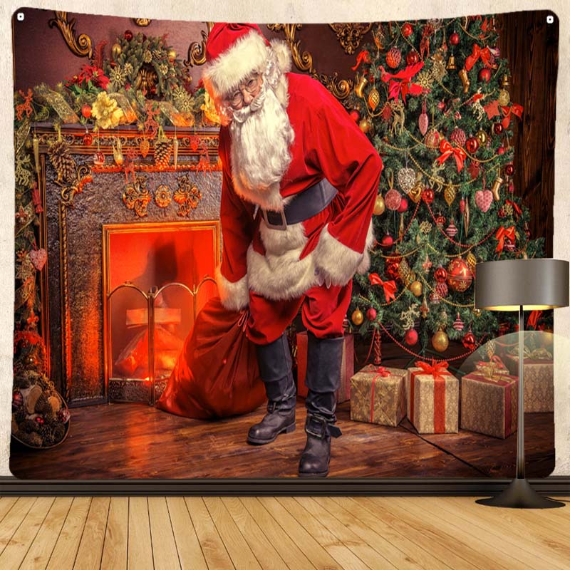 Merry Christmas Santa Claus Fireplace Print Pattern Tapestry Home Living Room Bedroom Decoration Background Cloth Tapestry