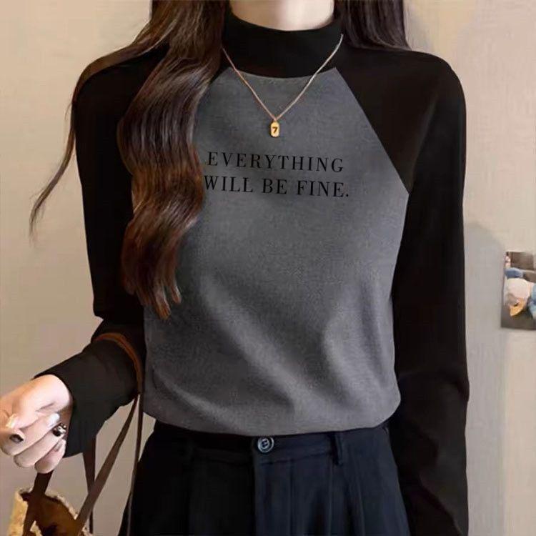 Women's Slim-Fit Thermal Fleece-Lined Long-Sleeve T-Shirt with Brushed Surface and Simple Print