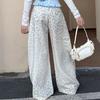 American Retro Leopard Wide Leg Trousers Female Clothing Folds Ruffle Chic Patchwork Autumn Winter Streetwear Loose Casual Pants