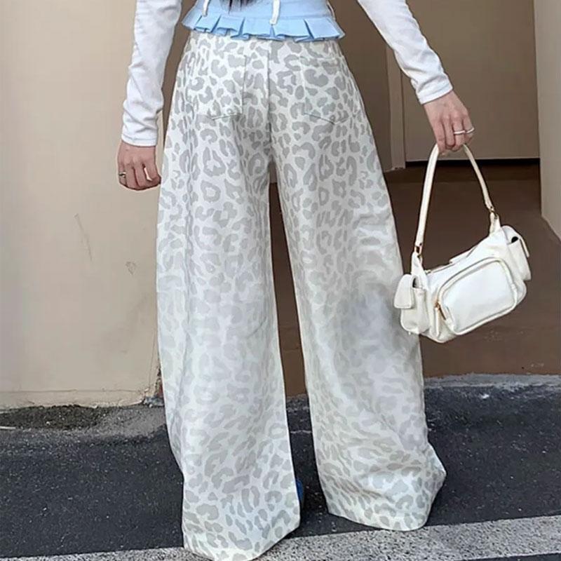 American Retro Leopard Wide Leg Trousers Female Clothing Folds Ruffle Chic Patchwork Autumn Winter Streetwear Loose Casual Pants