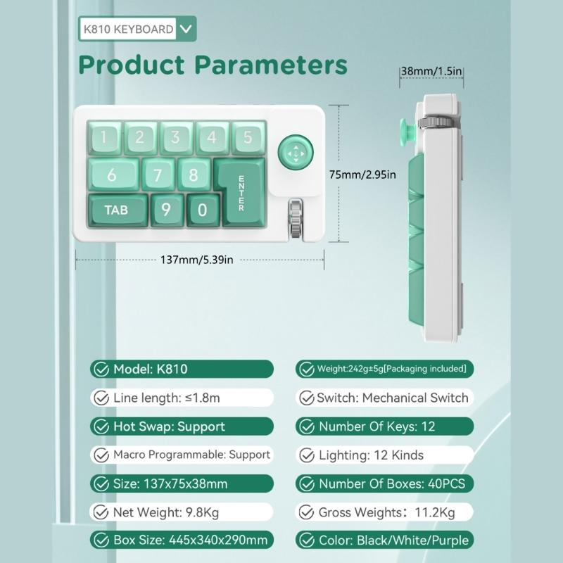 K810 Corded Mechanical Gamer Keyboard Hot-Swappable with Lighting Programmable Macros Joystick Small Keypad 12Keys