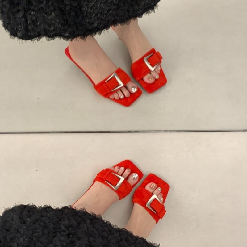 Summer Fashion Square Toe Slippers Women Buckle Strap Low Heels Beach Sandals Slide Party Shoes  Zapatos De Mujer