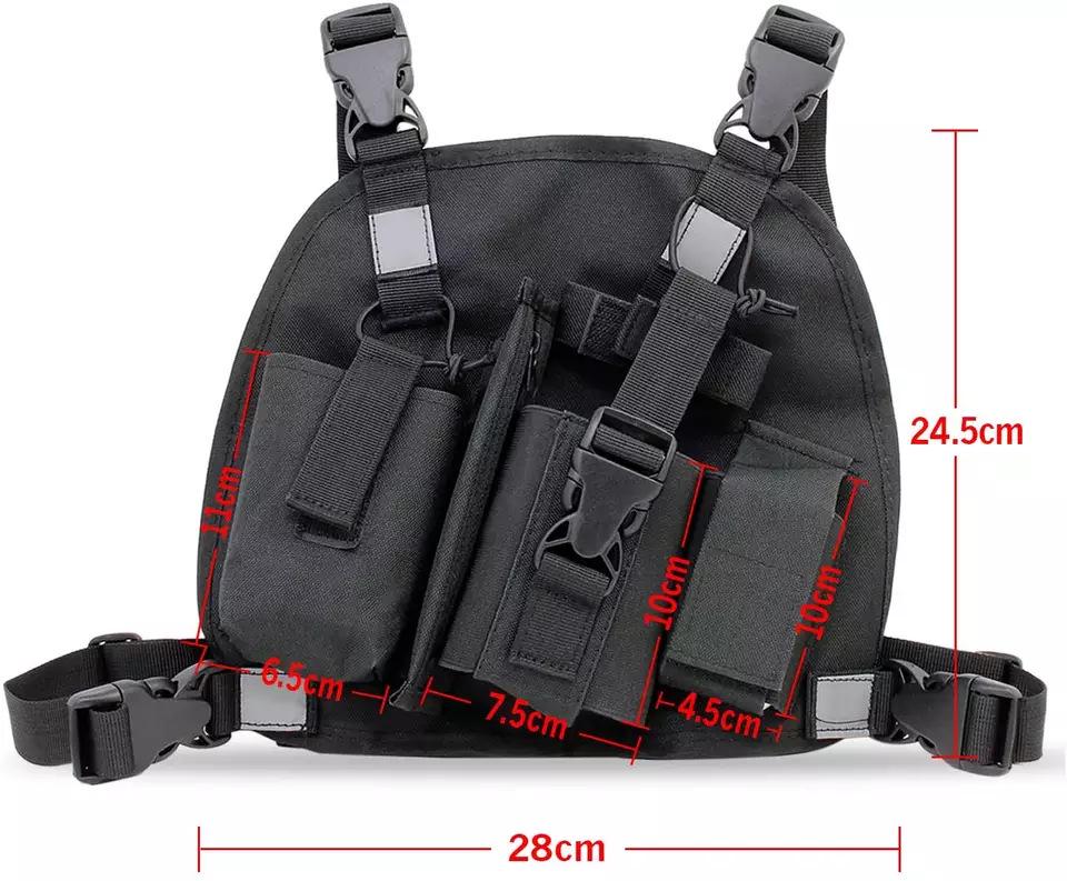 Adjustable Black Tactical Chest Pack for Walkie-talkie, Phone, GPS, and Laptop.