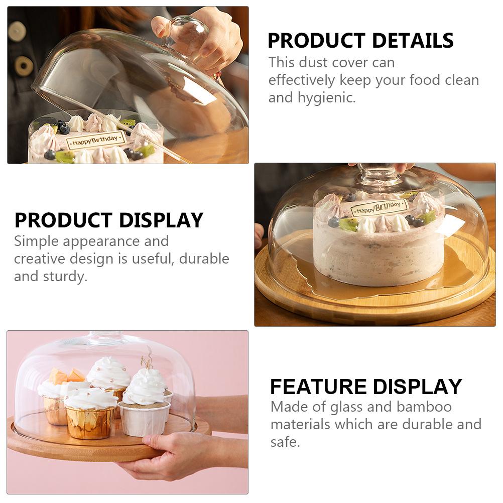 1 pc Display Plate Bamboo Tray Glass Useful Serving Plate Cover Dust Proof Food Serving Stand For Dessert Bread Pastry Snack