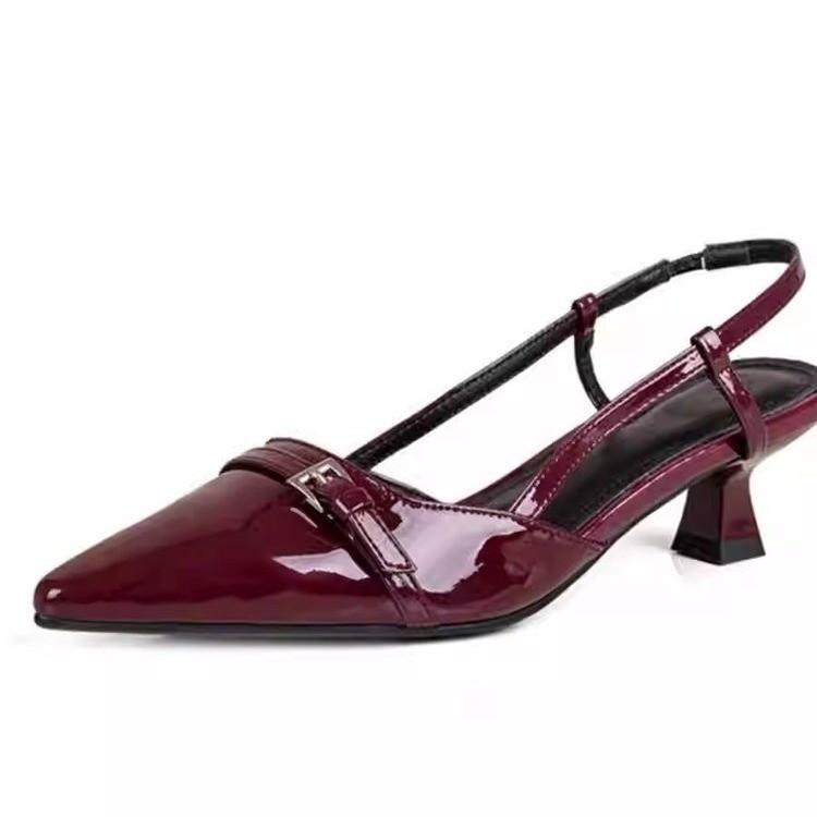 2025 summer Korean version pointed fashion shoes Internet celebrities with skirts versatile burgundy one word buckle belt women's shoes