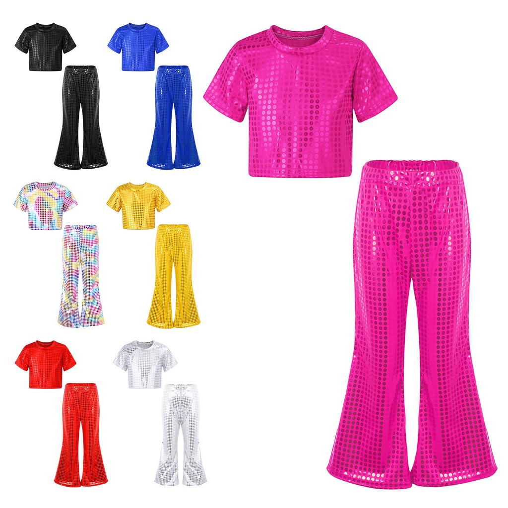 Dětské Dívčí Lesklé Flitry Párty Sety Kulatý Výstřih Crop Top s Elastickým Pasem Rozšířené Kalhoty pro Taneční Scénické Vystoupení