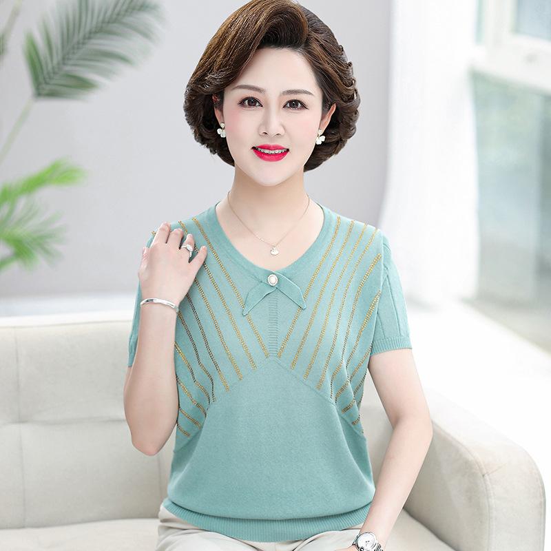 Mother Summer Dress Foreign Style Short-sleeved Top 40 Years Old 50 Years Old Women Summer Fashion Temperament Ice Silk T-shirt Small Shirt