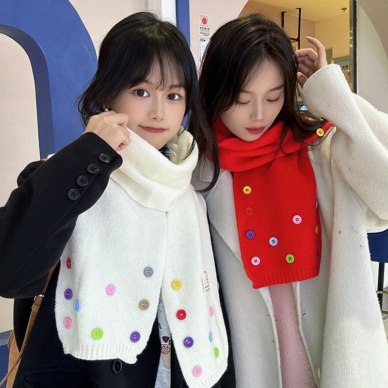Luochi Knitting~Cute Button Korean Style Wool Scarf – Versatile, Thickened Neck Warmer, Solid Color, Sweet Winter Accessory.