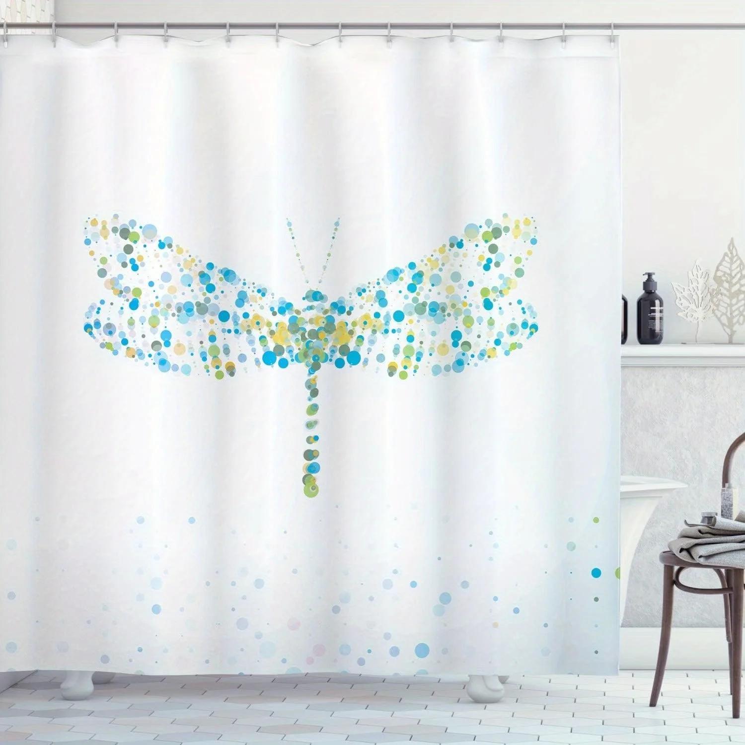 

Dragonfly Shower Curtain - Macro Futuristic Digital Design, Blue Green Spots & Dots, Includes 12 Hooks W60H190(CM)-1 Pcs