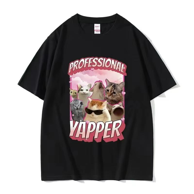 Funny Professional Yapper Meme Cat Pattern Tshirt Retro Womens Fashion Short Sleeved Tshirt Casual Comfortable T-shirt Top