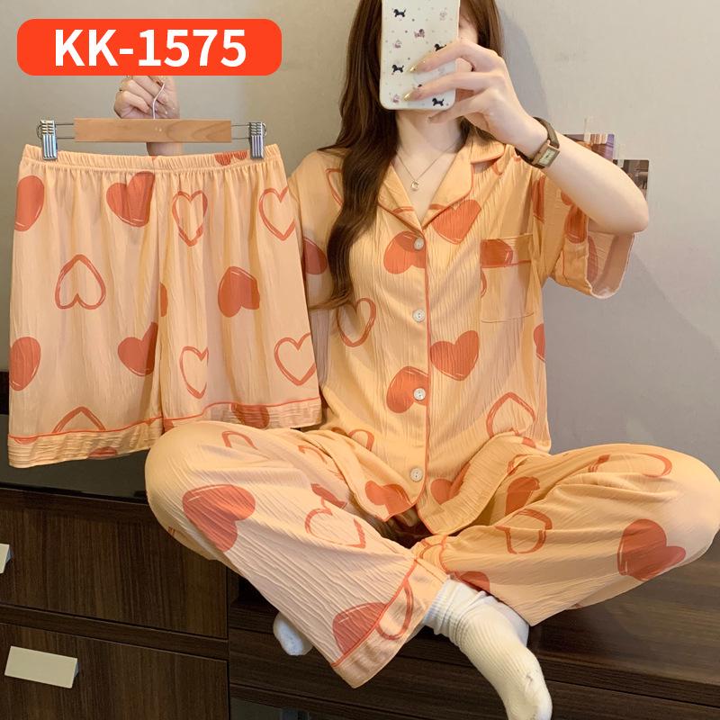 Women's Summer High-Quality Crinkle Fabric Heart Pajama Set - Short Sleeve Three-Piece Loungewear for Indoors or Outdoors