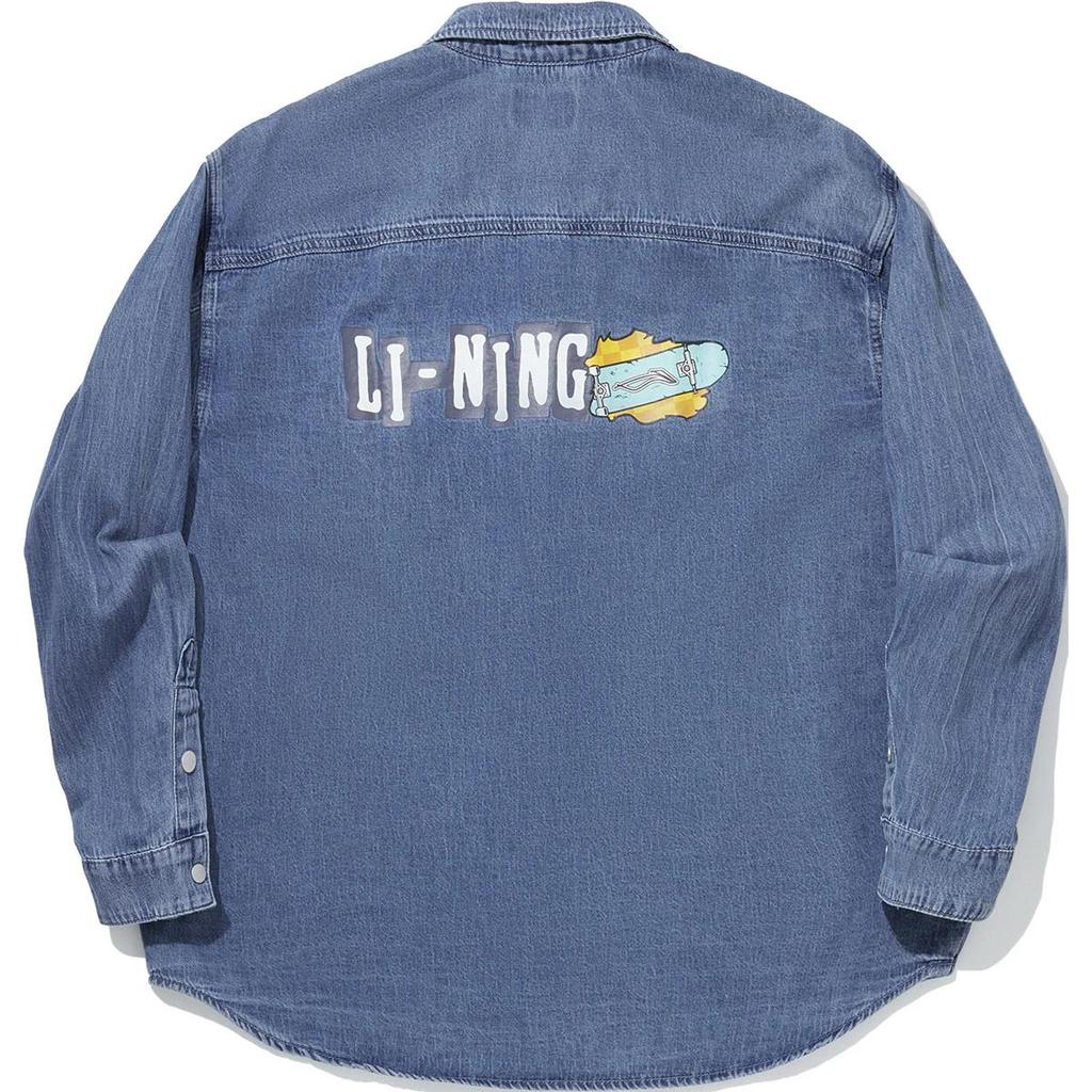 Li Ning Skateboard Series Letter Button Down Loose Long Sleeve Shirt Men shirts Light-Blue Denim ASHU519-3