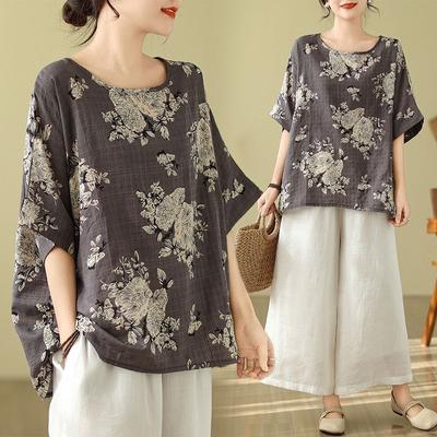 Cotton Linen Plus Size Women's Printed T-shirt Summer Ethnic Style Bat Sleeves Slimming Loose Floral Top Shirts