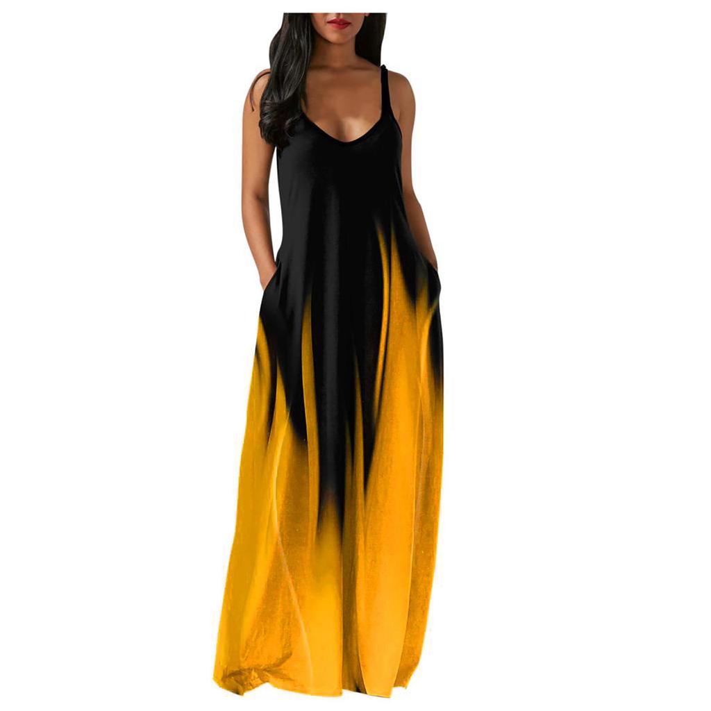 Damska letnia sukienka typu spaghetti z paskiem, luźna, długa sukienka z gradientowym nadrukiem Plus rozmiar