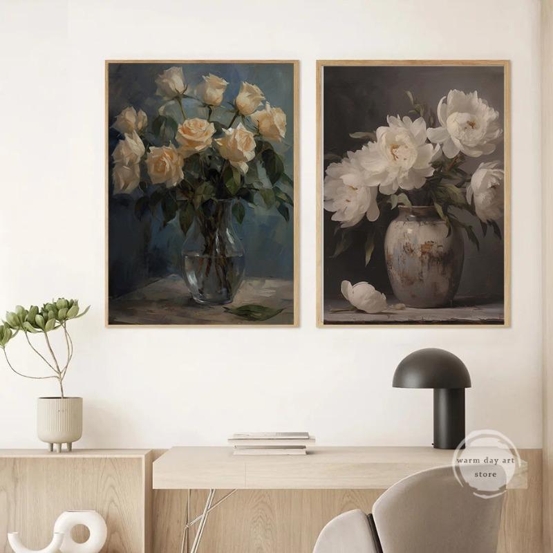 Spring Flowers Painting In Vintage Vase Moody Peonies Rose Poster Vintage  Still Life Art Canvas Print Botanical Farmhouse Decor