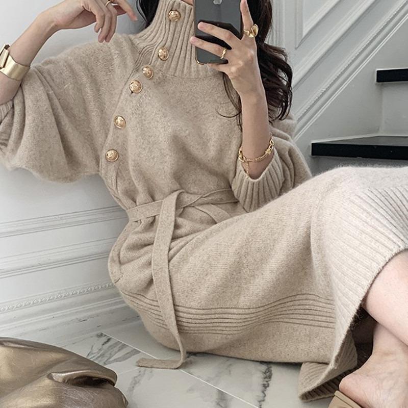 Autumn and winter with coat medium and long temperament light luxury design skirt over knee sweater versatile knitted dress