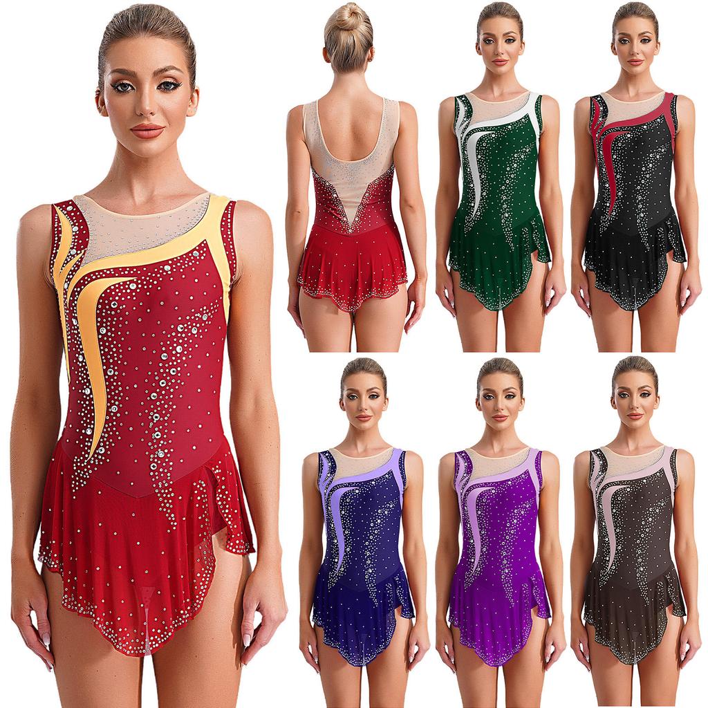 Women Rhythmic Gymnastics Leotard Round Neck Sleeveless Contrast Color Patchwork Rhinestones High Slit Skirt