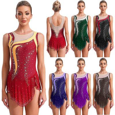 Women Rhythmic Gymnastics Leotard Round Neck Sleeveless Contrast Color Patchwork Rhinestones High Slit Skirt