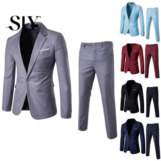 Slim Fit Business Outfit 2Pcs/Set Men Blazer Suit Pants Set Lapel Long Sleeve Single Button Pockets Coat Workwear