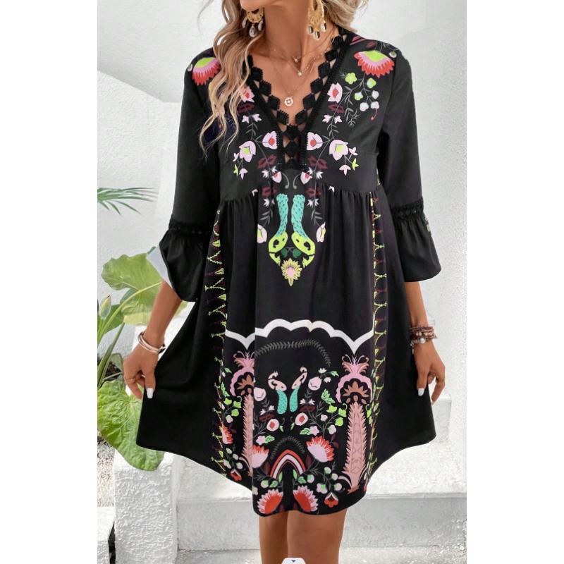 Women's V-Neck Lace Trim Printed Midi Dress, Short Sleeve Casual Floral Summer Dress for Daily Wear