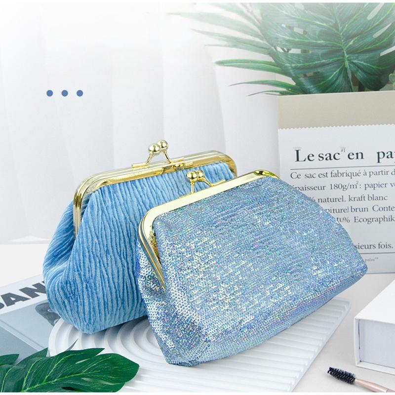 Trendy Sequined Clip Bag Women Portable Travel Makeup Bag Lipstick Corduroy Pu Storage Bag Gold-plated Metal Clip Design Wallet