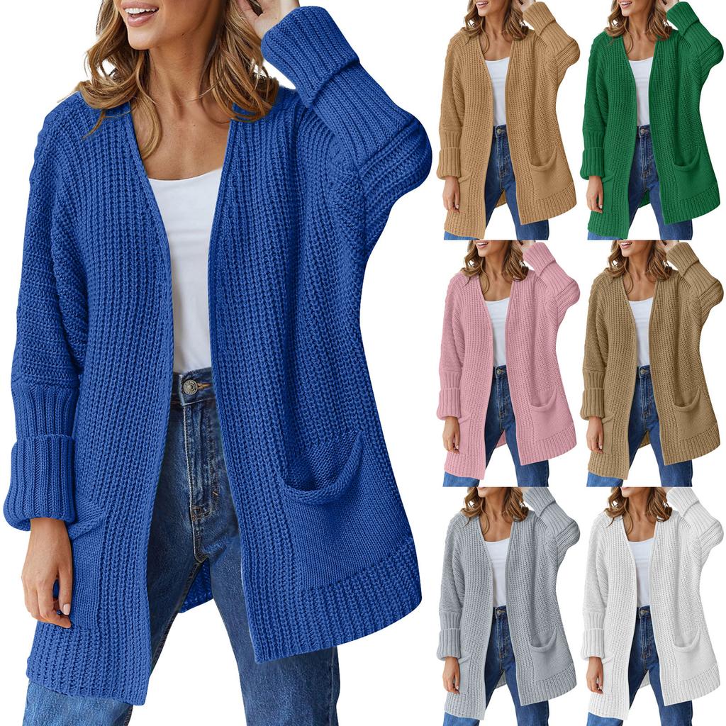 Women's Large Size Knit Sweater Cardigan Sleeve Loose Mid-Length Jacket With Pockets