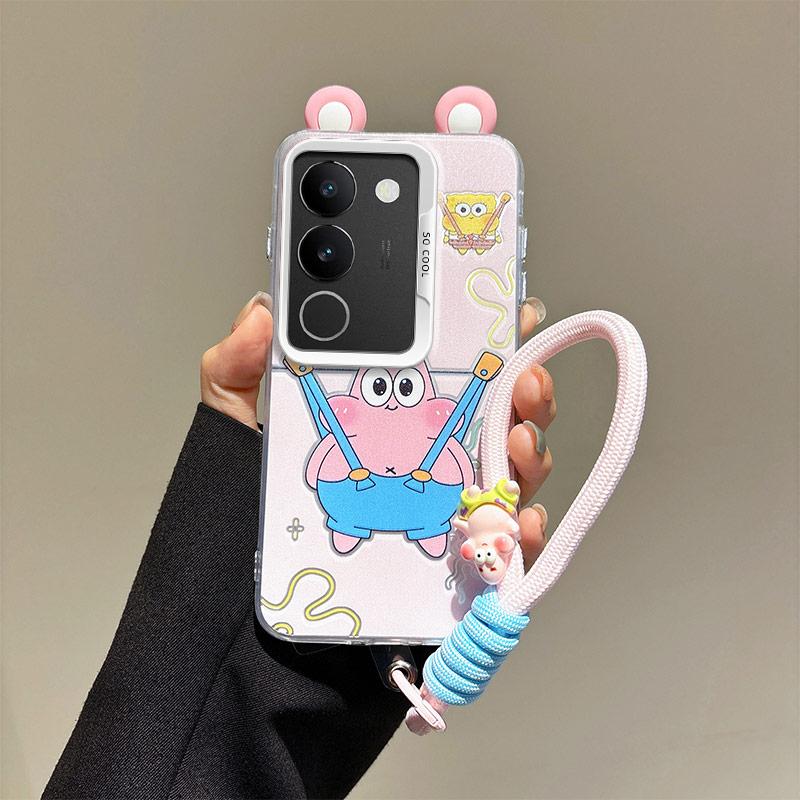 KEYSION Cute Ear Cartoon Case for VIVO V29 5G with Lanyard Soft Silicone+PC Shockproof Phone Back Cover for VIVO V29 5G