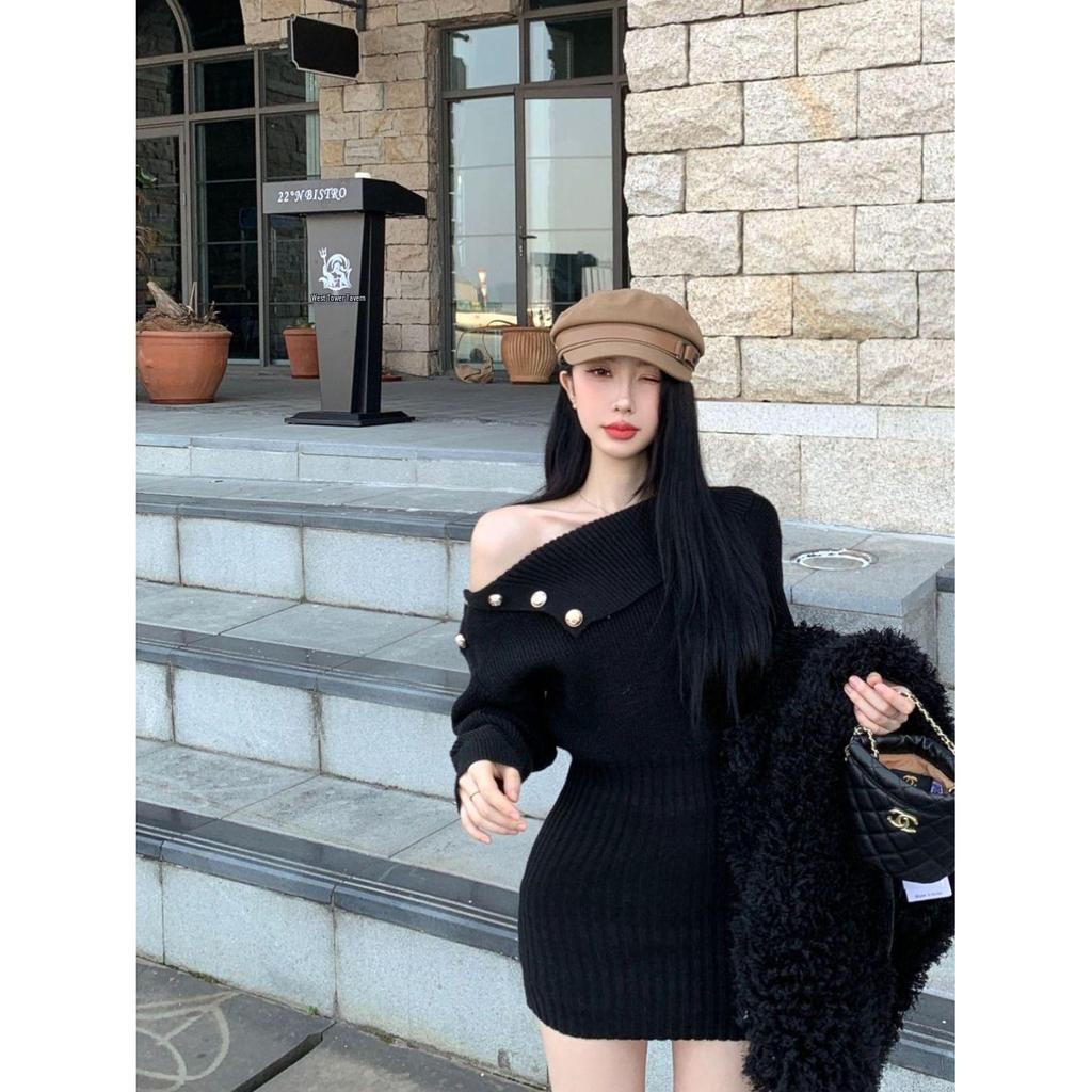 Slim-Fit One-Shoulder Knitted Dress: Sexy, Waist-Cinching, Long-Sleeved, Irregular Hem, Short Skirt for Women’s Autumn Style