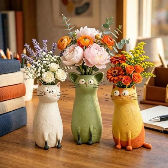 Quirky Cat Vase Handcrafted Resin Cat Flower Vase Funny Kitty Planter for Desk Shelf Boho Home Decor Gift for Cats Lovers