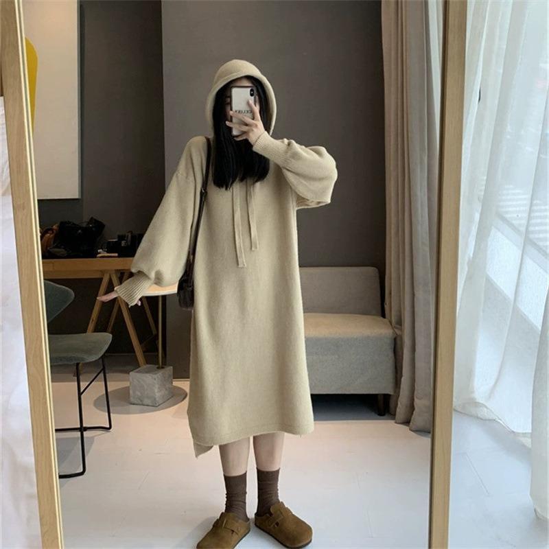 Autumn and winter new hooded large size knitted dress women's medium and long loose and thin lazy wind sweater skirt