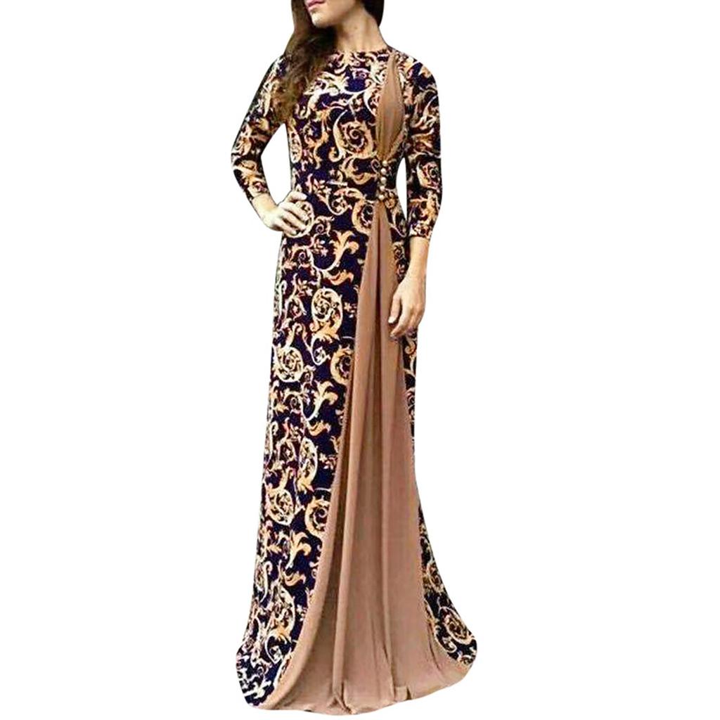Women Dubai Arabian Floral Print Long Dress Muslim Dress Islamic Long Dress