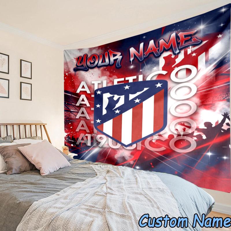 Custom Name Atletico Football Crest Tapestry Accessories for Bedroom,Livingroom, dormitory Room Wall Hanging Decor, Fan Birthday Gifts