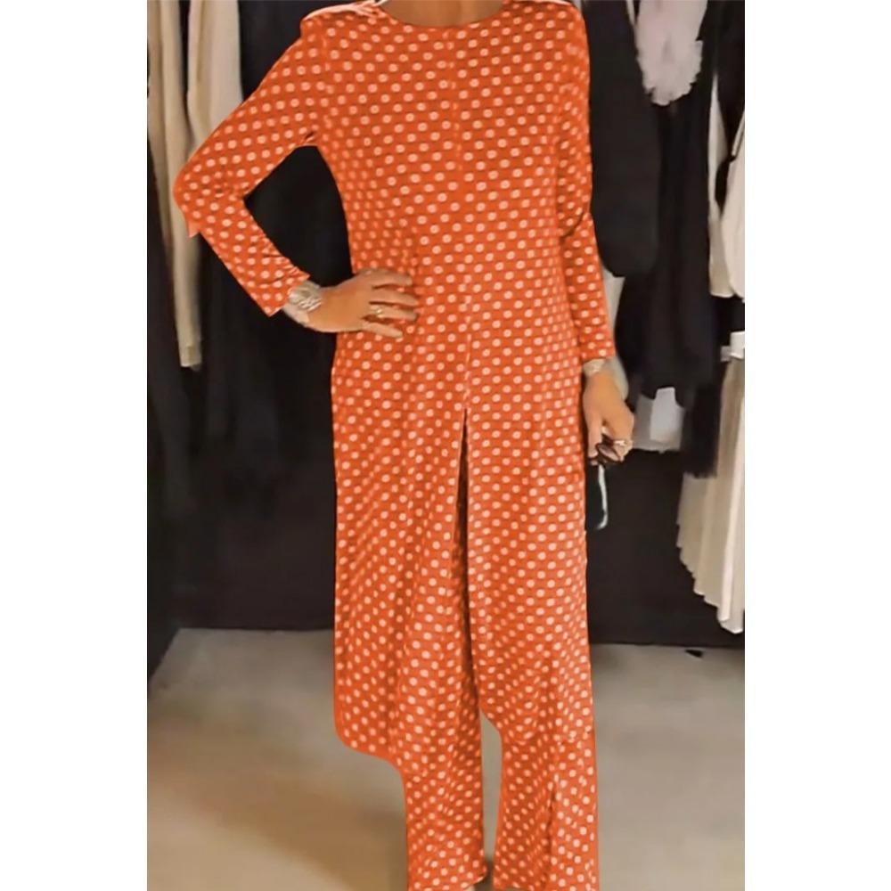 New Trendy Round-neck Long-sleeved Split Polka Dot Long Pants Casual Suit for Women