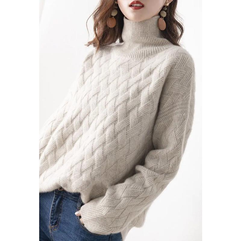 Women Casual Chic Loose Cashmere Sweater Autumn Winter Oversize Thick Long Sleeve Turtleneck Warm Knit Pullovers