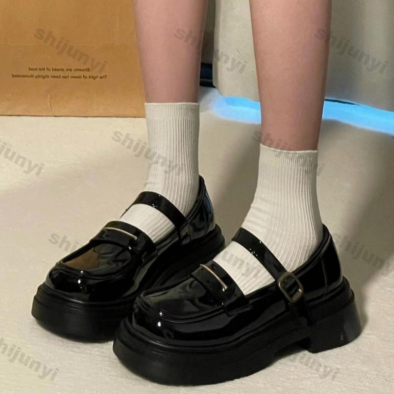 Fashion Women's New Fashion Buckle Women British Style Spring Autumn Mary Jane Shoes Round Toe Ladies Black Platform Casual Leather Shoe