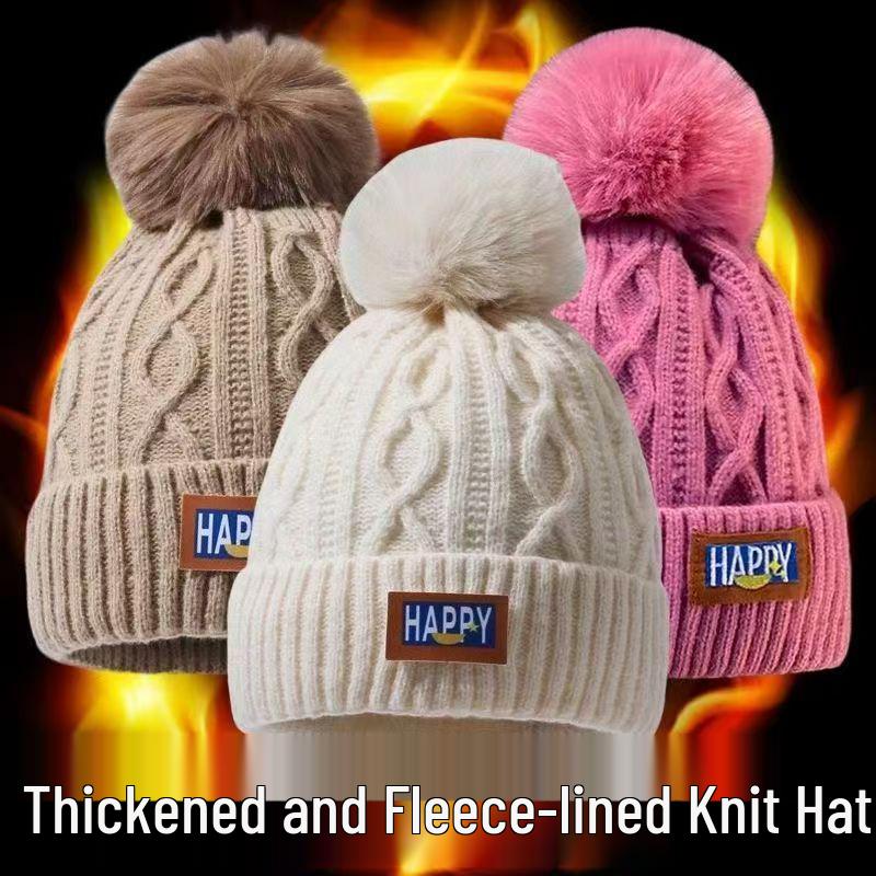 Damen Winter Samt Bommel Strickmütze - Trendiger Koreanischer Stil, Warm & Vielseitig, Dickes Kältefestes Wollendesign